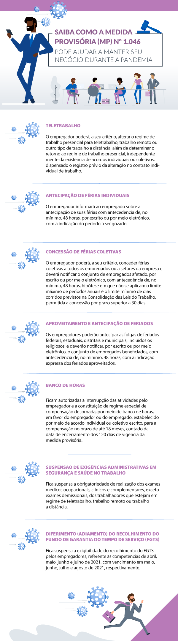 O infográfico fala sobre a Medida Provisória (MP) nº 1.046 pode ajudar a manter seu negócio durante a pandemia. Você poderá fazer teletrabalho, antecipar férias, concessão de férias coletivas, aproveitamento e antecipação de feriados, banco de horas, suspensão de exigências administrativas em segurança e saúde no trabalho e diferimento (adiamento) do recolhimento do Fundo de Garantia do Tempo de Serviço (FGTS)