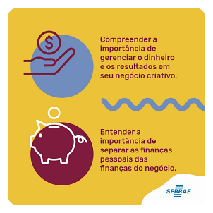 Compreender a importância de gerenciar o dinheiro e os resultados em seu negócio criativo. Entender a importância de separar as finanças pessoais das finanças do negócio.